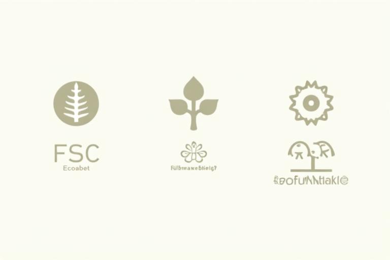 En infografikk som forklarer ulike miljøsertifiseringer for møbler og interiør, med ikoner for Forest Stewardship Council (FSC), EU Ecolabel, og Svanemerket, på en ren bakgrunn.